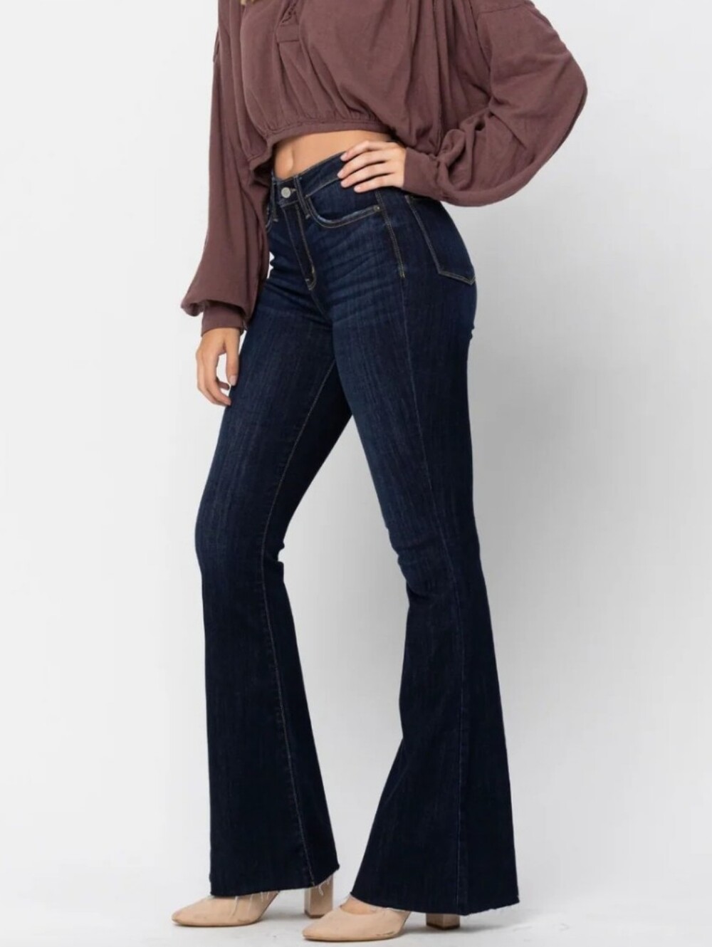 Judy Blue Natalie Raw Hem Tall Flare Jeans Size 11 / 30 High Waist Dark Wash
